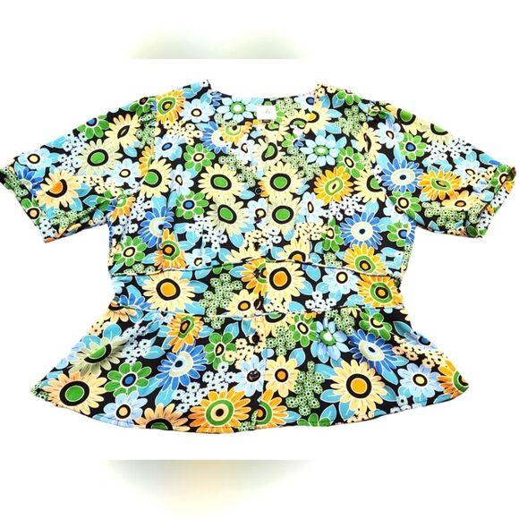 CAbi Happy Top 5900 Blouse Retro Short Sleeve Floral Button Peplum Green‎ Blue M - Picture 6 of 16